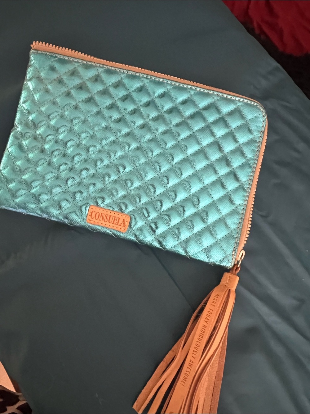 Consuela Metallic Teal Quilted Clutch with Tan Tassel